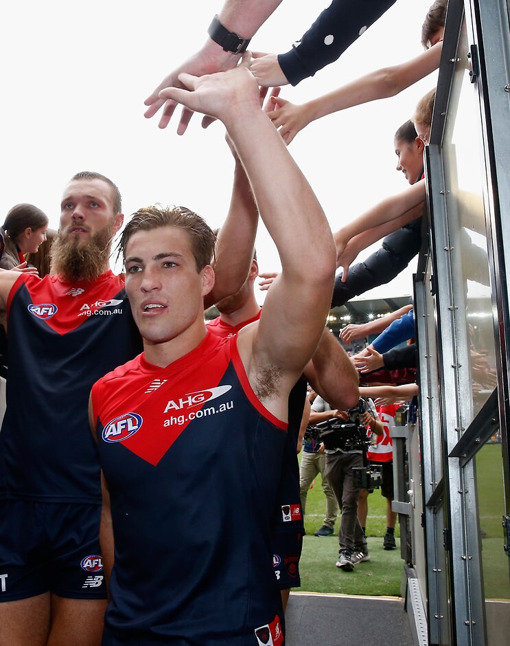 AFL 2016 Rd 01 - Melbourne v GWS Giants Jack Viney celebrates an outstanding performance against the Giants - ${keywords}